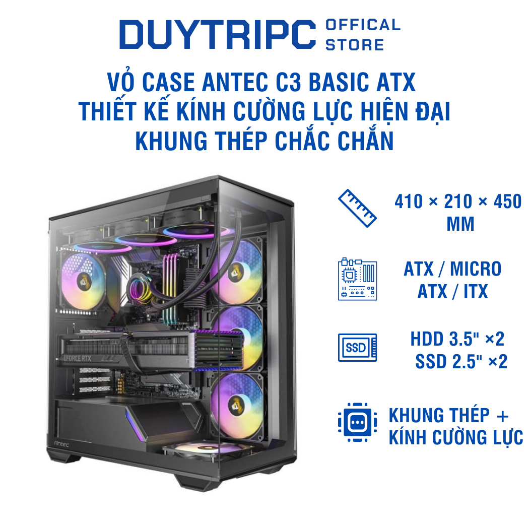Vỏ Case ANTEC C3 BASIC ATX – Thiết kế kính cường lực hiện đại, khung thép chắc chắn, tối ưu airflow, dễ build PC